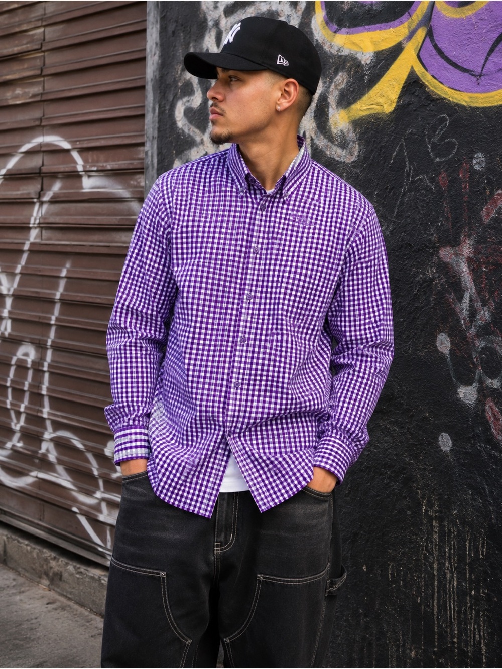 COOGI Men’s Purple Gingham Button Down Shirt 16 32/33 Y2K Streetwear Cotton